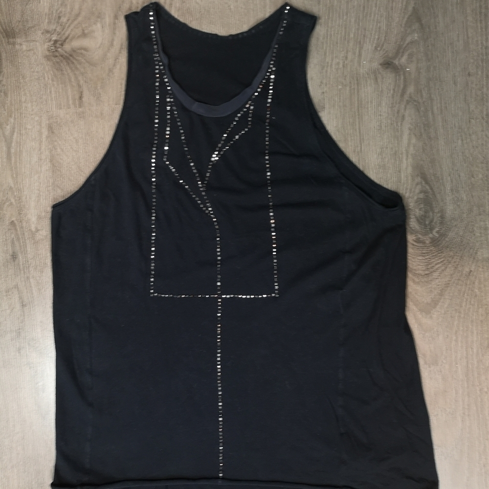 Y2K vintage crystal studded tuxedo tromp d'oeuvre satin trimmed muscle t-shirt
